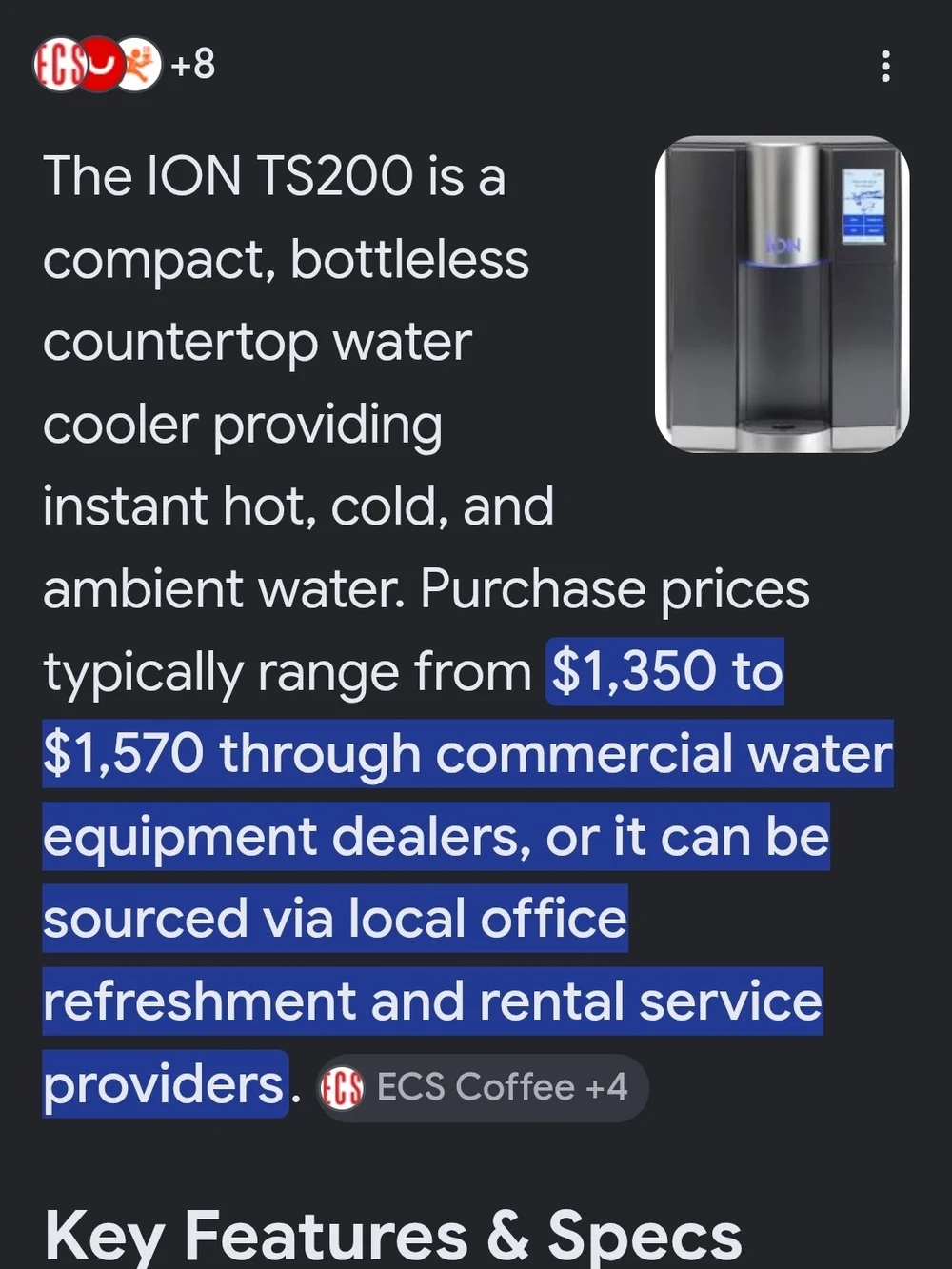 Bottleless Water Dispenser — Black and Silver. Paid 1500, Like New.
